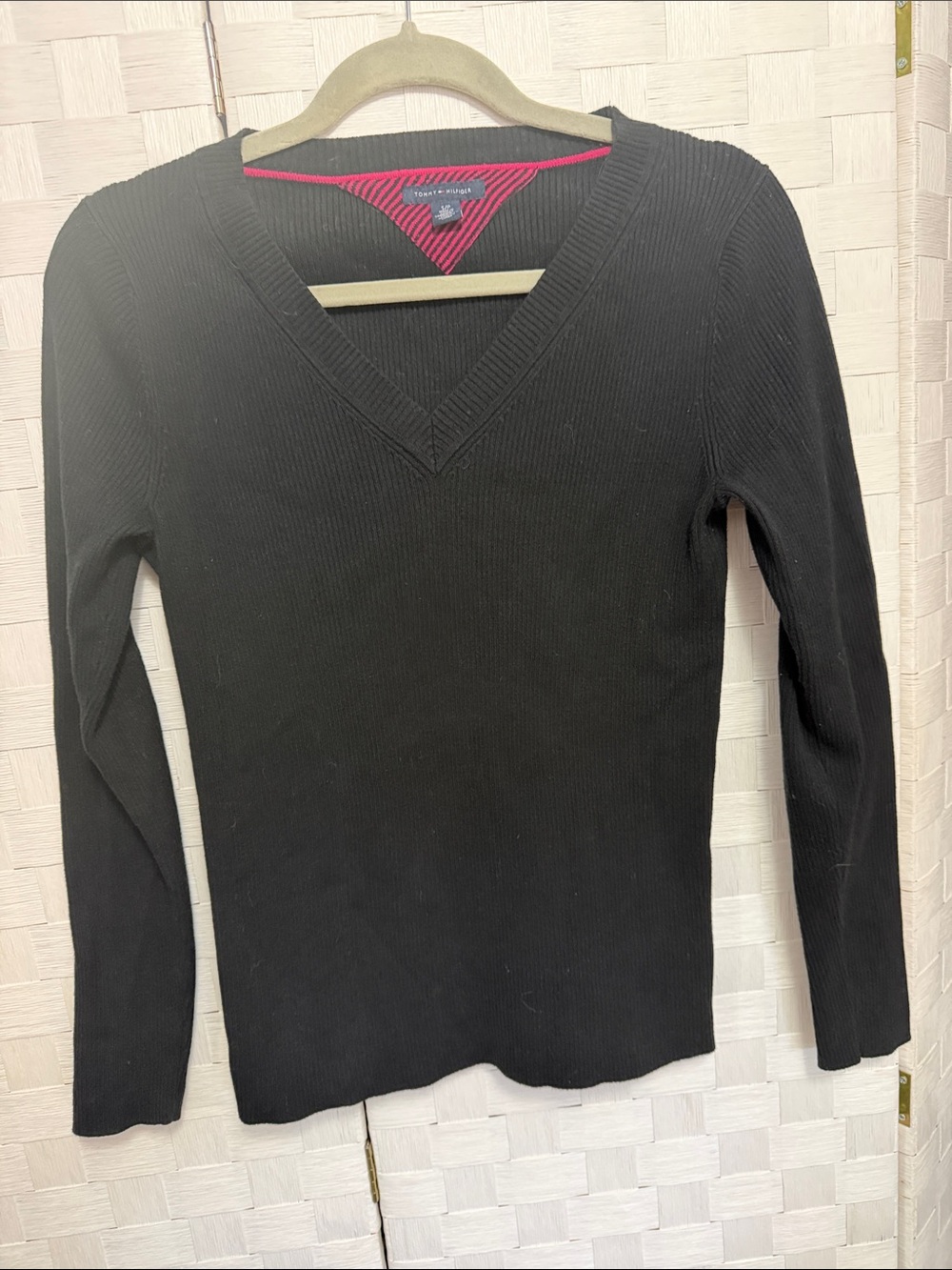 Tommy Hilfiger Black Ribbed V-Neck Sweater with Red Trim